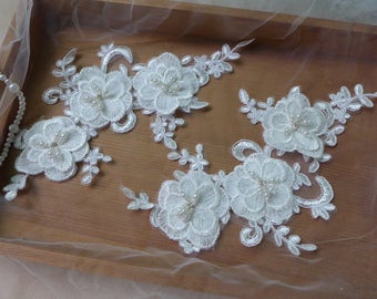 Beaded Lace Applique One Pair Off white Bridal Applique for Wedding Dresses, Headdress, Bridal Hair Comb, Clothing Materials