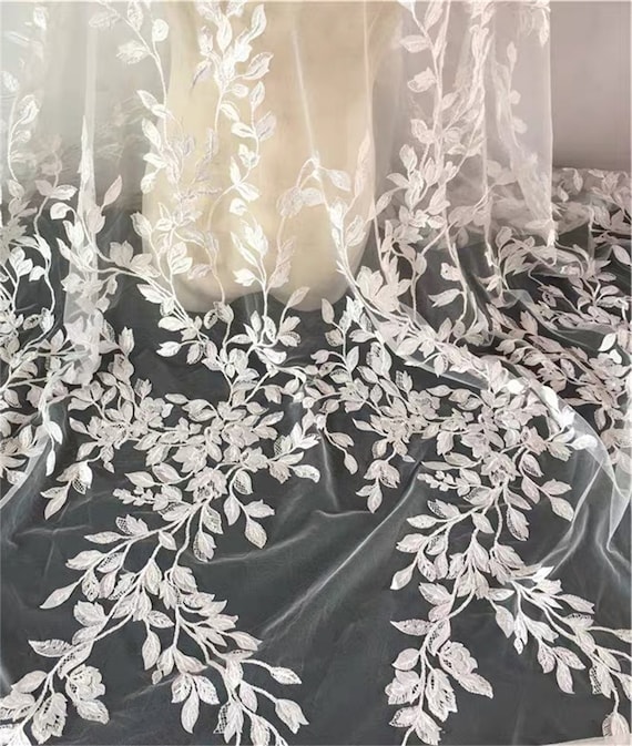 【完売品】willfully sheer motif lace OP Off White 3D Floral Leaf Design, Fancy Embroidered Leaves Tulle