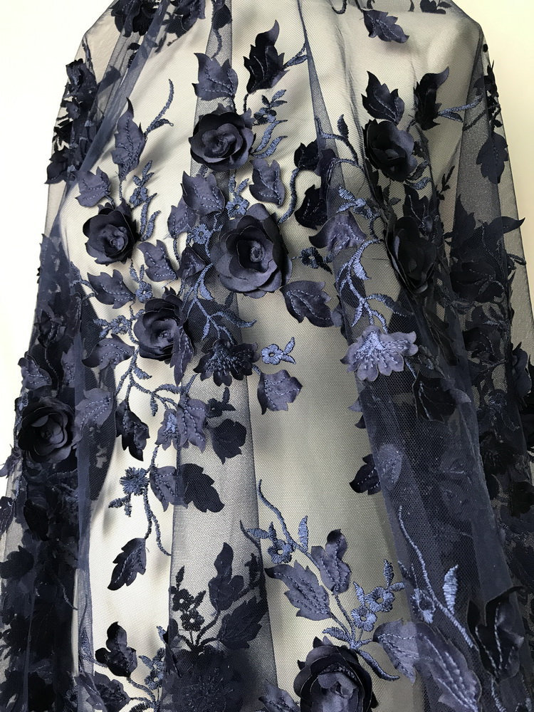 3D Rose Flower Fabric, Navy Blue Lace Fabric, Floral Leaf Lace Fabric ...
