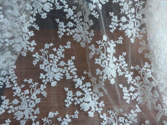 Off white lace fabric by the yard, cotton flower fabric, bridal dress fabric, curtains or clothing sewing