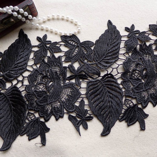 ONE Yard Black Venise Lace Trim with Rose and Leaf Embroidered Lace Trim Wedding Fabric 6.69 Inches Wide