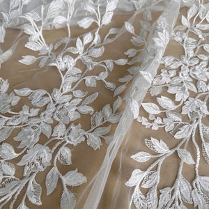 Leaf Lace Fabric, 3D Small Leaf Rank Lace, Off white Embroidery Fabric for Wedding Gown Prom Dress Bridal Veils