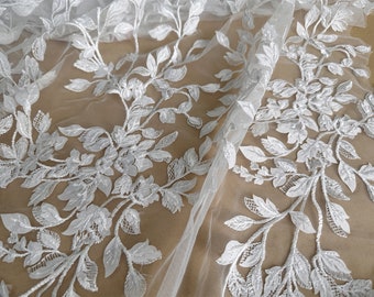 Tissu en dentelle avec feuilles, dentelle 3D avec rang de petites feuilles, tissu de broderie blanc cassé pour robe de mariée, robe de bal, voiles de mariée