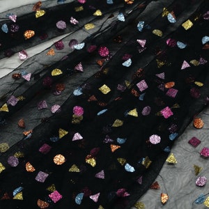 Sparkling Glitter Tulle Fabric, Colorful Glitter Printing Tulle Lace Fabric, Black / Off white Tulle Fabric