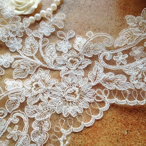 Graceful Ivory Alencon Lace Trim Embroidered Retro Tulle Lace Wedding Veil Bridal Lace Trim image 2