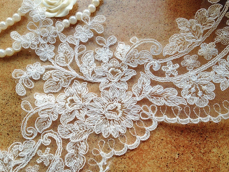 Graceful Ivory Alencon Lace Trim Embroidered Retro Tulle Lace Wedding Veil Bridal Lace Trim image 2