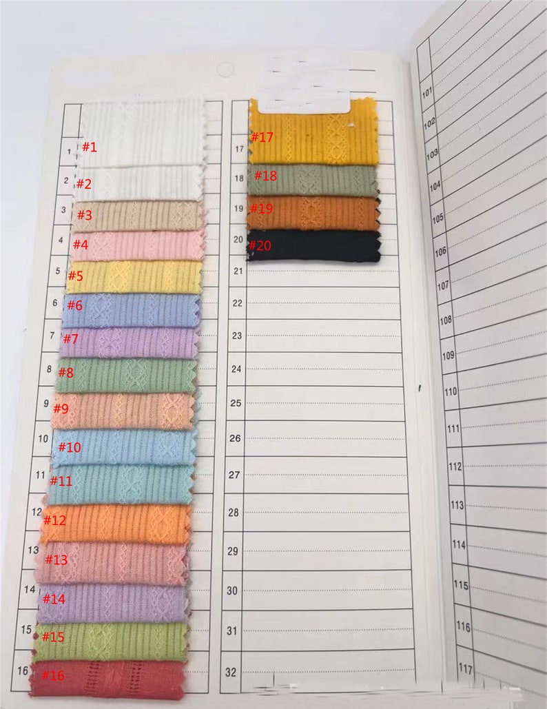 May include: A swatch book of fabric samples with different colors and textures. The swatches are numbered from 1 to 20. The fabric samples are all ribbed.