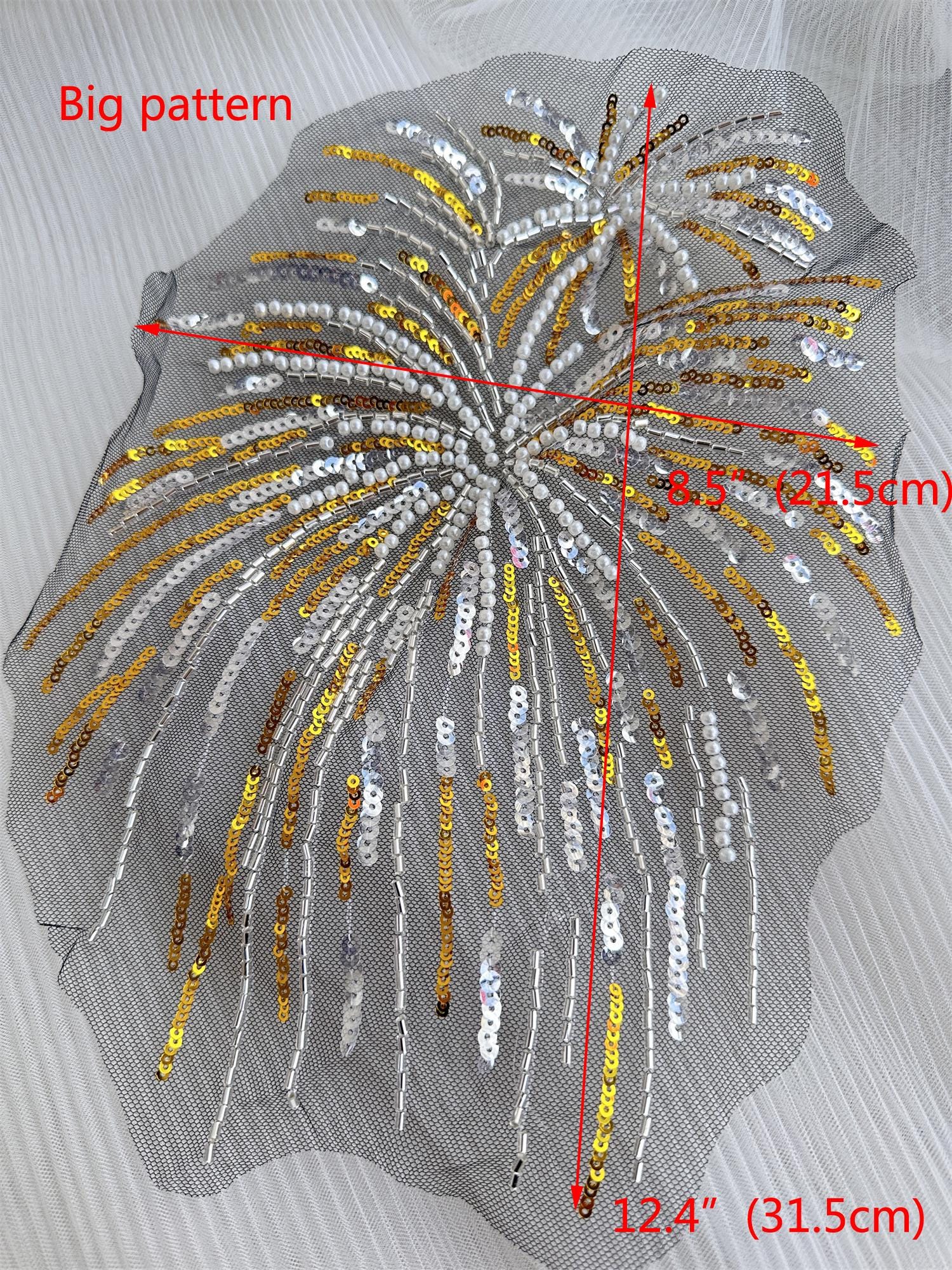 Beaded Applique, Gold With Clear Sequin Firework Patch Applique ...