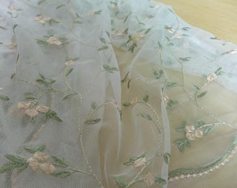 Light Green Leaves Floral Fabric, Ivory Tulle Lace Fabric, Peach Flower Bud, Soft Sheer Embroidery Fabric