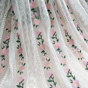 Delicate Floral Embroidered Tulle Netting Fabric for Wedding Dress, Prom Dress, Boho Floral Dress