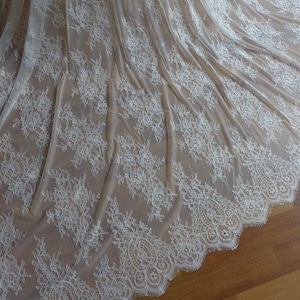 May include: White lace fabric with a delicate floral pattern and scalloped edge.