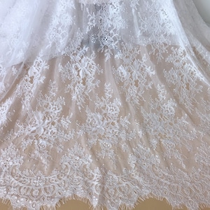 Chantilly Lace, Elegant French Lace Fabric, White Eyelash Trim Fabric for Bodice wedding dress, Christening dress