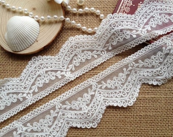White Embroidery Mesh Lace Trim Pretty Cotton Floral Lace 1.96 Inches wide 2 Yards