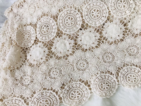 Vintage Beige Cotton Lace Fabric, Crochet Style Circle Fabric