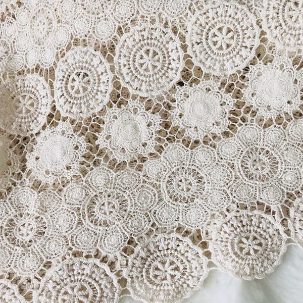 Tela de encaje de algodón beige vintage, tela circular estilo crochet, tela de encaje circular con flores de algodón cortada a medida