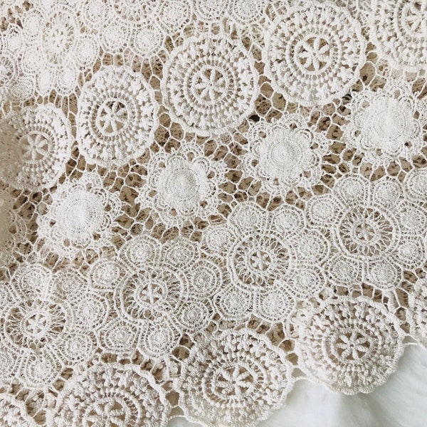 Vintage beige cotton lace fabric, crochet style circle fabric, cotton flowers circle lace fabric by yard