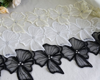 3D Flower Lace, Beaded Rhinestone Organza Lace Trim for Headdress, Doll Dress, Wedding Gown