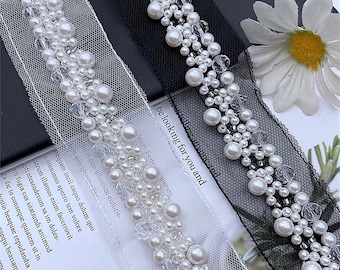 Beaded Trim, Ivory Pearls Beaded Lace Trim for Wedding Belt, Headbands, Dance Costume Emblishment