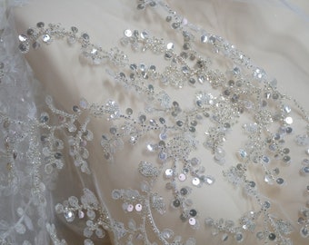 Luxury Bridal Beaded Lace Silver Beads and Sequins Lace Fabric on Off White Mesh for Wedding Gown, Formal Dress, Evening wear