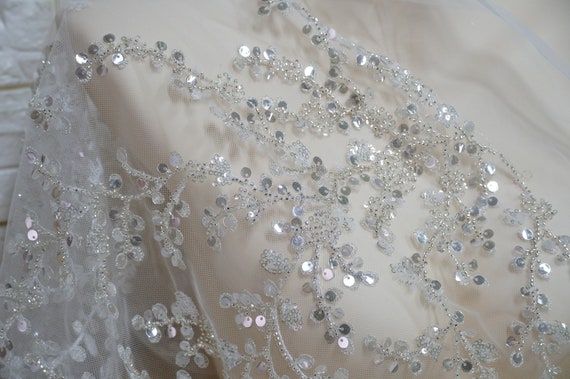 Luxury Bridal Beaded Lace Silver Beads and Sequins Lace Fabric on