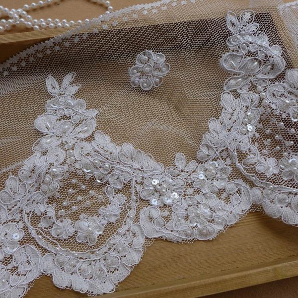 BRIDAL Veils Scalloped Lace, Off white Alencon Lace Trim, Beaded and Sequins Trim, Wedding Gown Lace Fabric