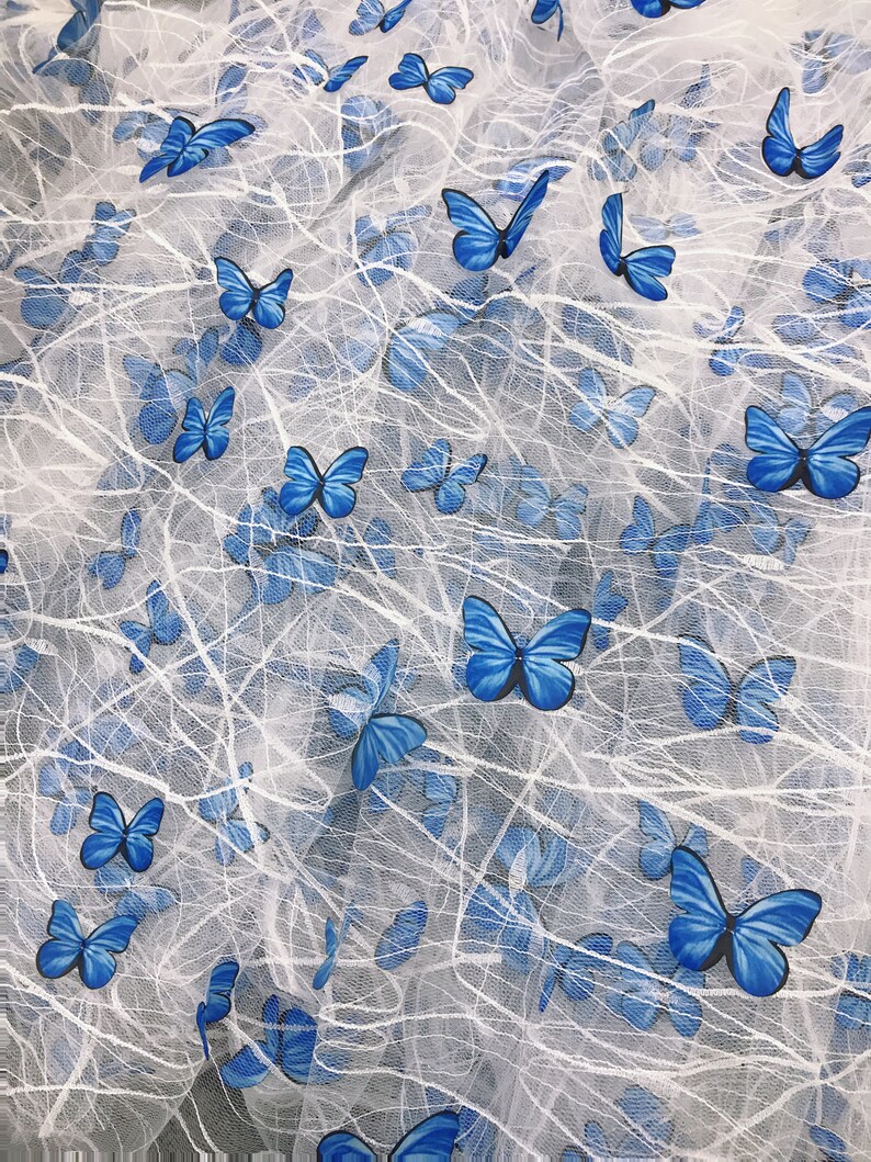Blue 3D Butterflies Applique Fabric off White Mesh Lace Fabric Etsy