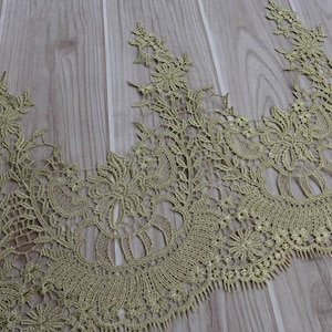 Vintage Gold Lace Antique Floral Embroidered Lace Trim with Scalloped edge For Bridal, Wedding Gown, Victorian, Costume design