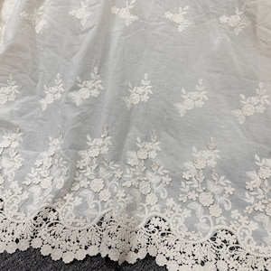 Cotton Fabric 3D Flowers Scalloped Edge Cotton Fabric in Beige / Off white for Girl Dress, Wedding Boho Dress, Lace Top