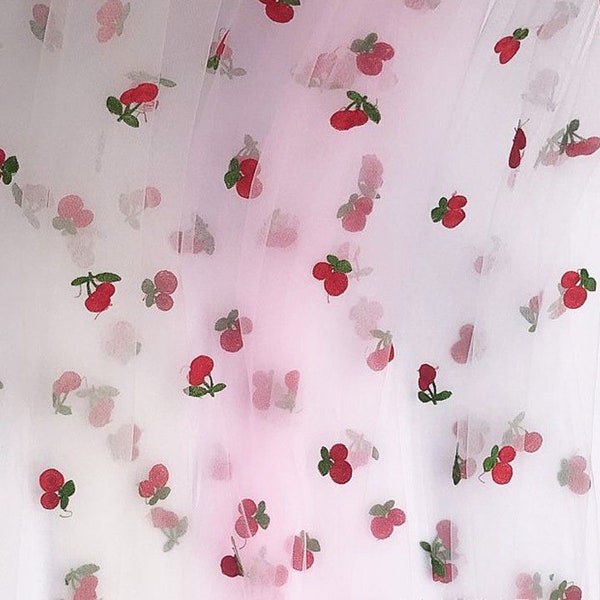 Delicate Cherry Embroidery Tulle Mesh Fabric Red and Green Cherries Lace Fabric Dress Skirt Fabric Curtain Fabric