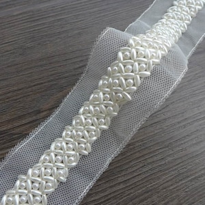 Ivory Pearl Lace Trim, Ivory Beaded Trim for Weddings, Bridal Sash, Headbands, Jewelry, Costume design