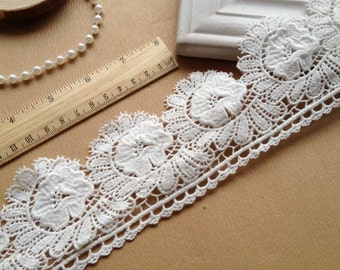 Off White Bridal Lace Fabric Cotton Lace Flower Applique Trim 2.75 inch Wide By The Yard