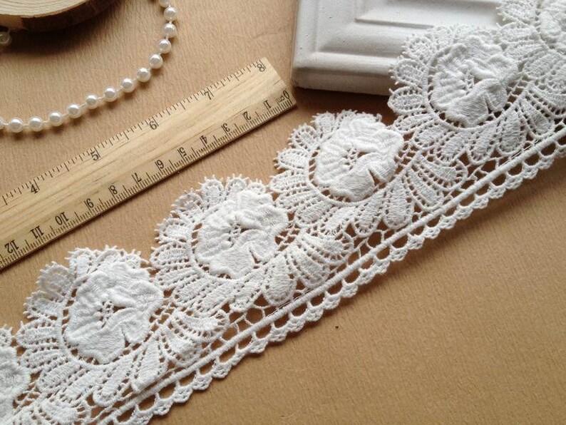 Off White Bridal Lace Fabric Cotton Lace Flower Applique Trim 2.75 inch Wide By The Yard image 1