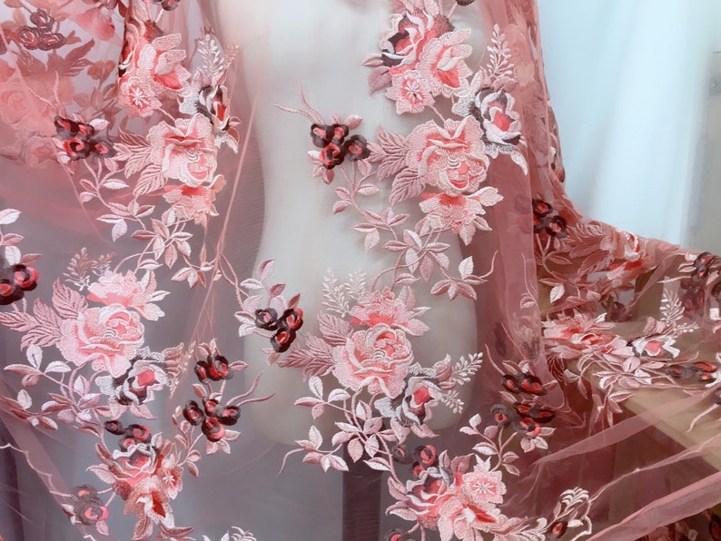 CORAL DAMASK LACE EMBROIDERY ON A TEXTURE MESH-BY YARD.