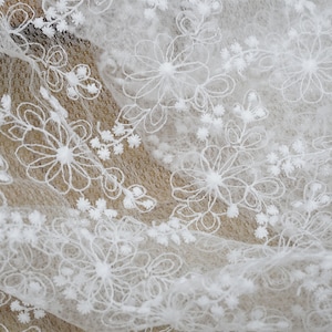 Beautiful Florals Embroidered Organza Mesh Fabric in Off white for Wedding Dress Tutu Blouse Veil Ball Gown Petticoat