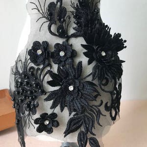 Beaded Rhinestone Applique, Bridal Hair Flower, Black 3d Flower Applique, Wedding Lace Applique
