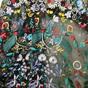 Multi Color Floral Design Embroider on a Black Mesh Lace Fabric-Sold by the Yard. Fuchsia main image 1