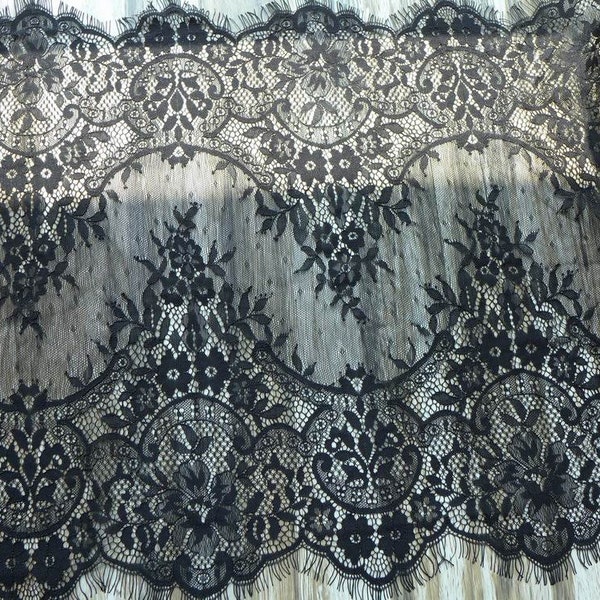 Black Floral Lace Fabric, Chantilly Lace Trim, Scalloped Eyelash Fabric, Women Shawls Lace