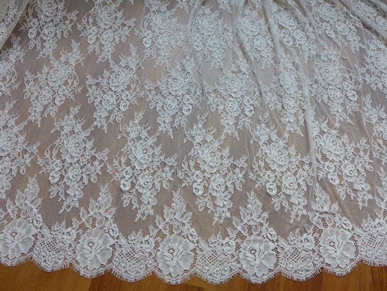 White Chantilly Lace Fabric Beautiful Roses Floral Wedding Fabric Unique Bridal Lace Fabric By The Yard image 2