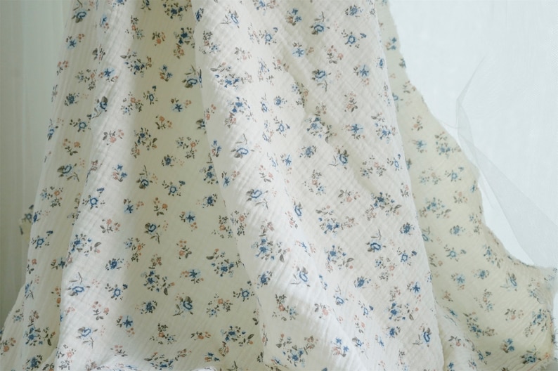 Beige Cotton Fabric Double Layer Crepe Floral Cotton Printed Fabric for Kids Clothing, Girl Dress, Summer Dress image 3
