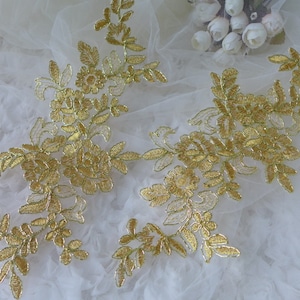 Vintage Style Applique, Gold Alencon Lace Applique, Golden Applique Trim, One Pair