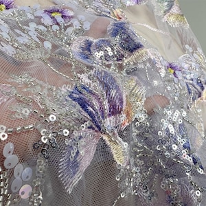 Silver & Lilac Gray Swirl Floral Vine Sequined Sheer Mesh Lace Embroidery Print Fabric main image 1