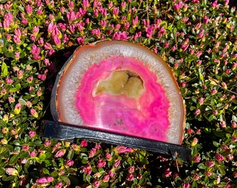 Pink Dyed Agate Geode on Stand