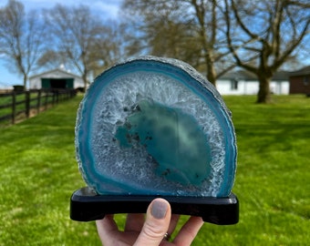 Aqua Dyed Agate on Wood Stand