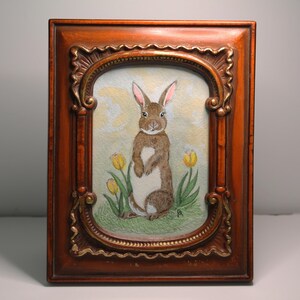 Original hand painted miniature watercolor of bunny in vintage frame.