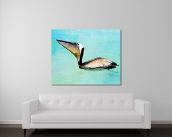 Pelican Canvas Art, Large Beach Art, Modern Turquoise Beach Decor