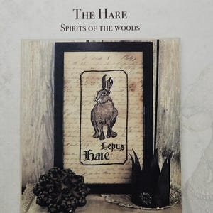 May include: A framed print featuring a detailed illustration of a hare, with the text "Lepus Hare." The print is set against a backdrop of aged paper and surrounded by a black frame. The image is part of "Spirits of the Woods" collection.