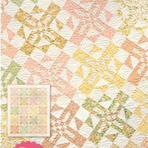 May include: A quilt pattern titled "Alpine Blooms" with a repeating geometric design in soft pastel colors of peach, yellow, and green on a white background. The pattern includes a smaller version of the quilt and the designer's logo.
