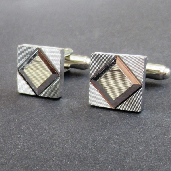 Modernist Cuff Links Geometric Silver Tone Square Textured Male Cufflinks Gift