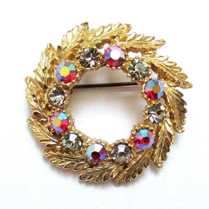 Rhinestone Brooch Red & Aurora Borealis Gems Wreath Shaped Leaves Mid Century Pin