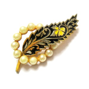 Damascene Leaf Brooch Gold Black & Pearl Mid Century Modern Jewellery MCM Toledo Pin